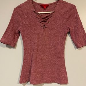 Purple ribbed crop sleeves knit shirt